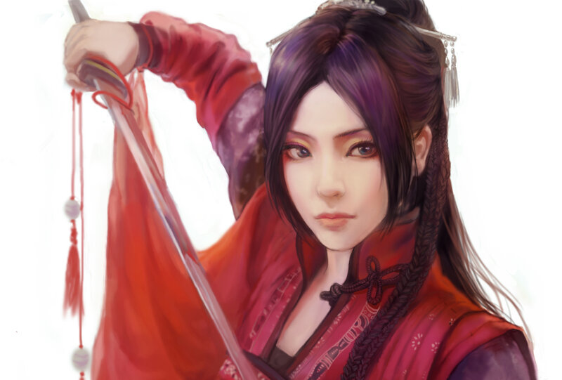 Woman Holding Sword — Red, Determined