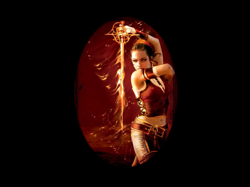 Woman Holding Sword — Red, Dramatic, Digital Art, Fire