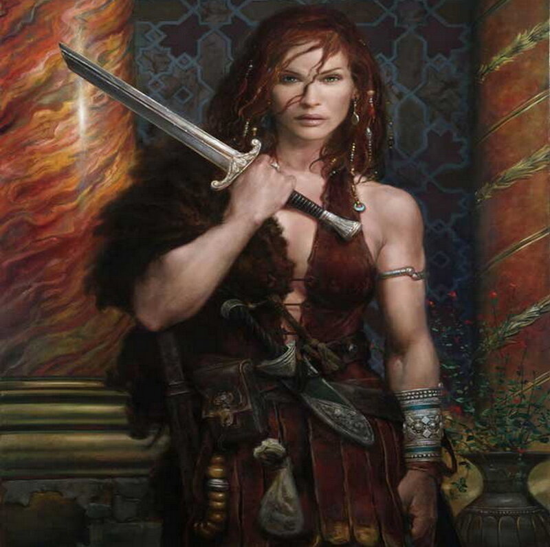 Woman Holding Sword — Red, Dramatic, Digital Art, Fur Cloak
