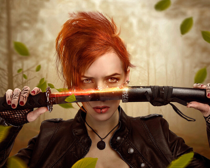 Woman Holding Sword — Red, Dramatic, Digital Art, Leaves