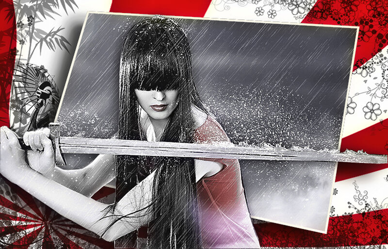 Woman Holding Sword — Red, Dramatic, Digital Art, Rain