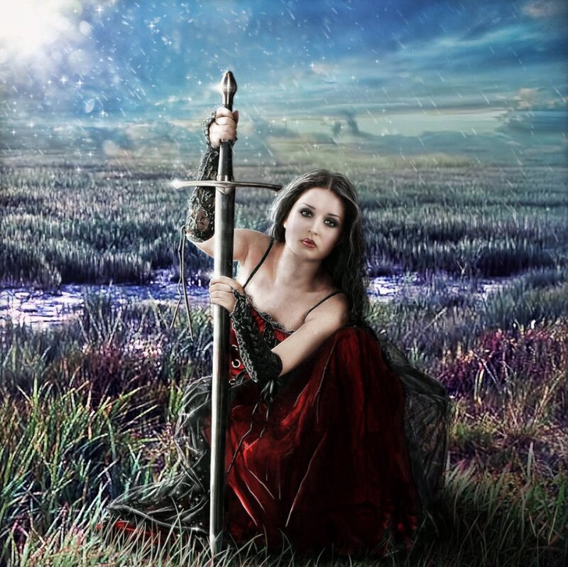 Woman Holding Sword — Red, Dramatic, Night, Digital Art