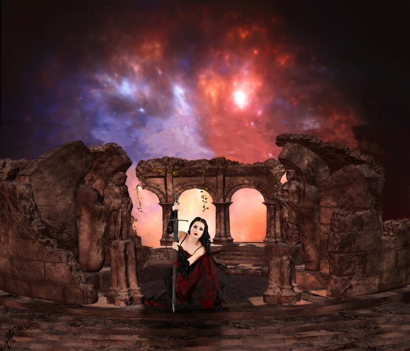 Woman Holding Sword — Red, Dramatic, Night