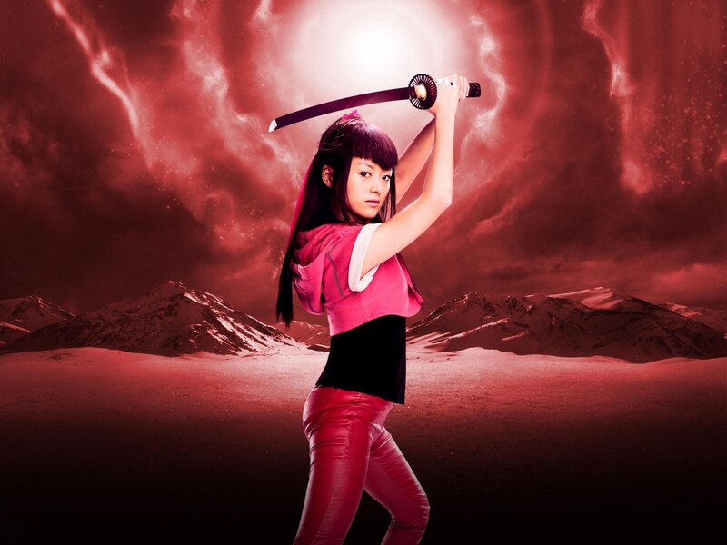 Woman Holding Sword — Red, Dramatic, Photograph, Mountains