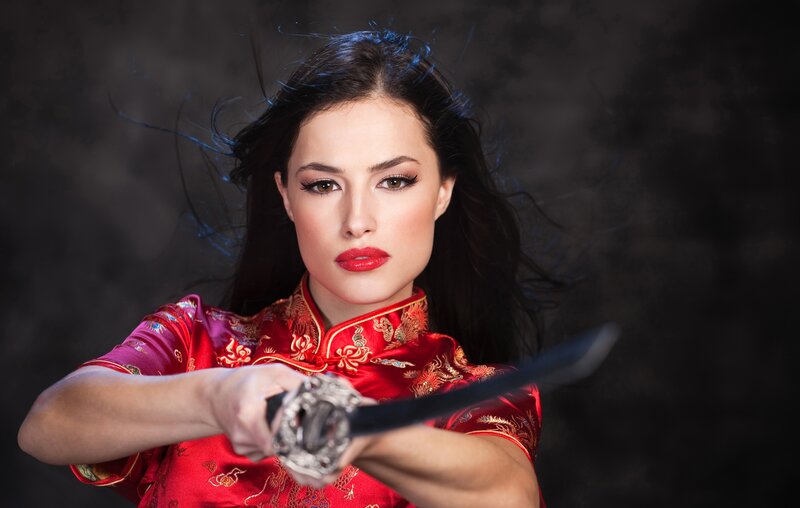 Woman Holding Sword — Red, Dramatic, Photograph, Red Dress, Dark Background