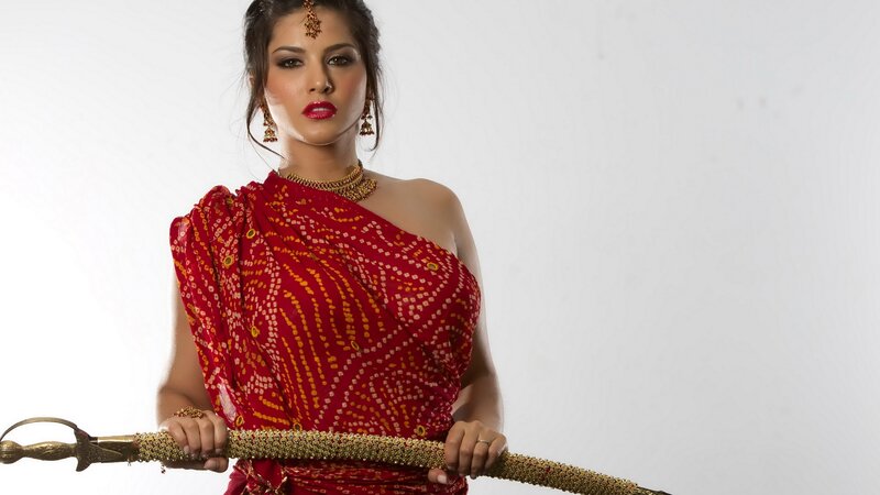 Woman Holding Sword — Red, Dramatic, Photograph, Saree