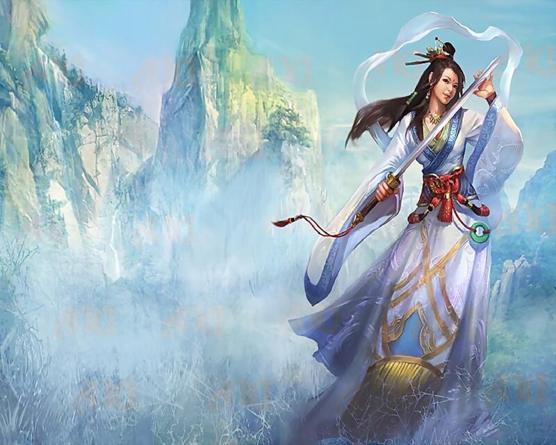 Woman Holding Sword — White, Dramatic, Digital Art