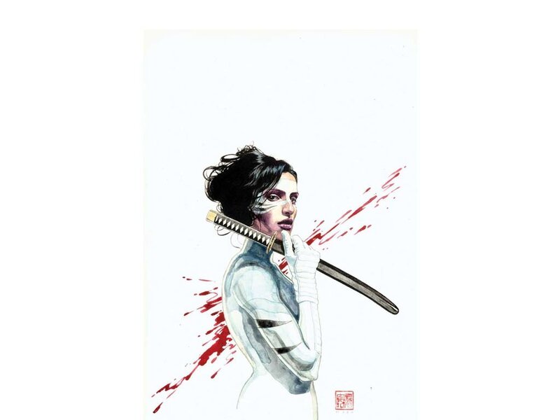 Woman Holding Sword — White, Dramatic, Illustration