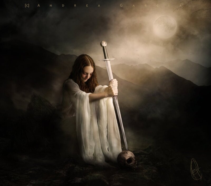 Woman Holding Sword — White, Dramatic, Night, Digital Art, Skull