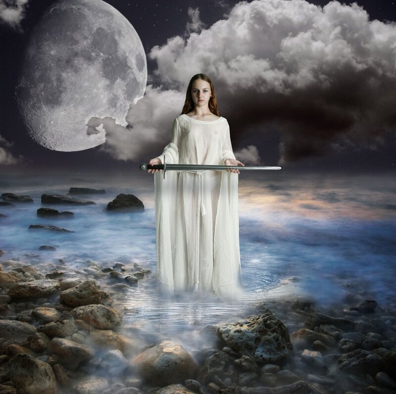 Woman Holding Sword — White, Dramatic, Night, Digital Art