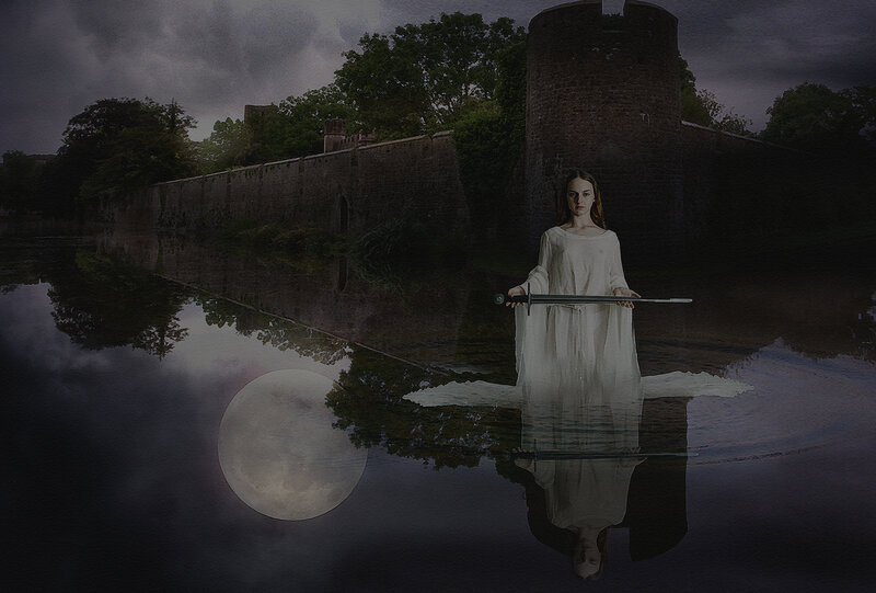 Woman Holding Sword — White, Dramatic, Night