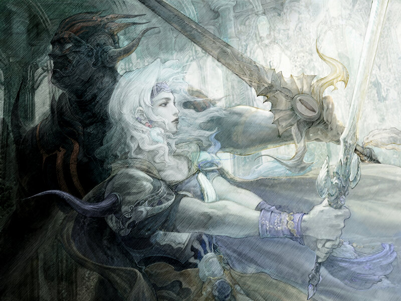 Woman Holding Sword — White, Dramatic