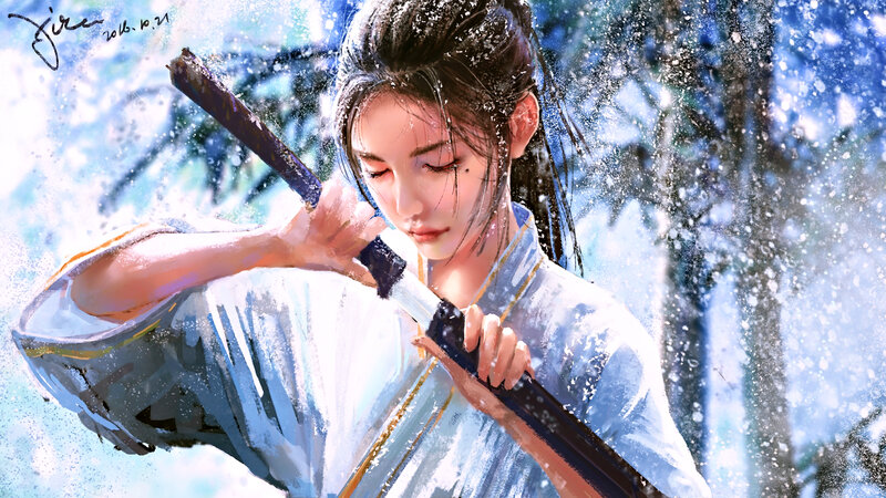 Woman Holding Sword — White, Dramatic, Winter