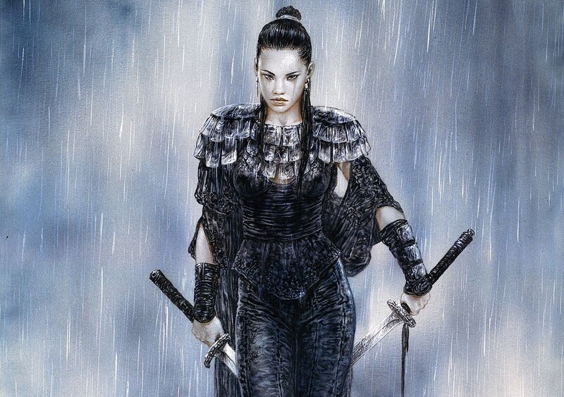 Woman Holding Swords — Black, Dramatic