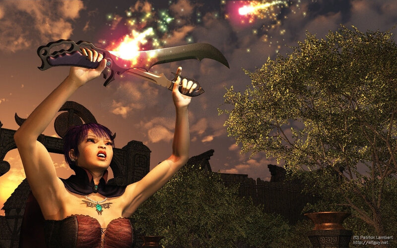 Woman Holding Swords — Purple, Dramatic
