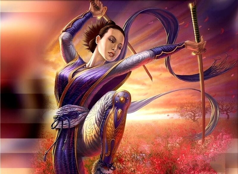 Woman Holding Swords — Purple