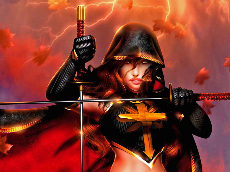 Woman Holding Swords — Red, Dramatic, Autumn