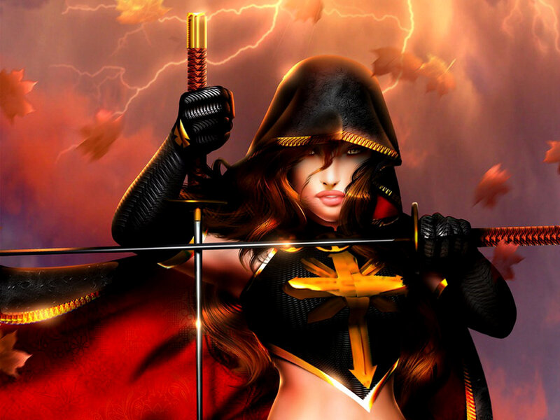 Woman Holding Swords — Red
