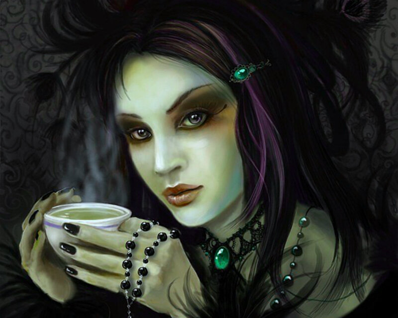 Woman Holding Tea Cup — Black, Dramatic
