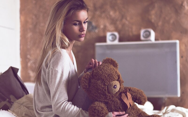 Woman Holding Teddy Bear — Brown, Melancholic, Photograph