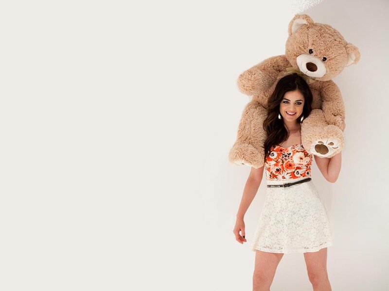 Woman Holding Teddy Bear — White, Happy