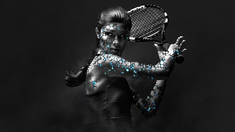Woman Holding Tennis Racket — Black, Dramatic