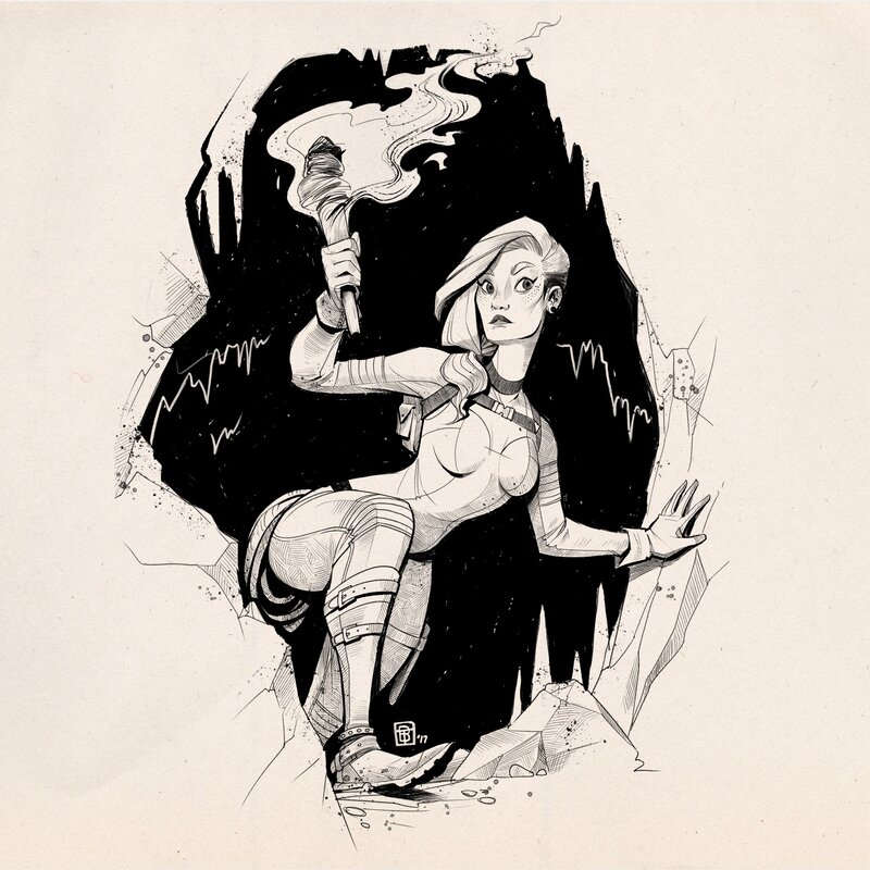 Woman Holding Torch — Black, Dramatic, Night, Illustration