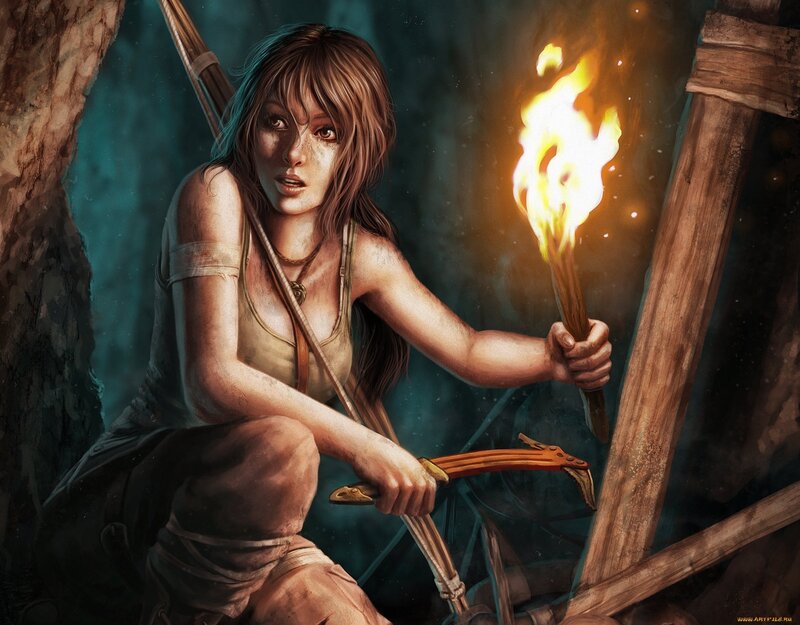 Woman Holding Torch — Brown, Dramatic, Night, Digital Art, Bow