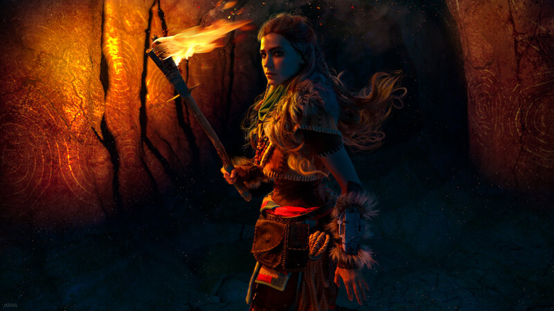 Woman Holding Torch — Orange, Dramatic, Night, Digital Art