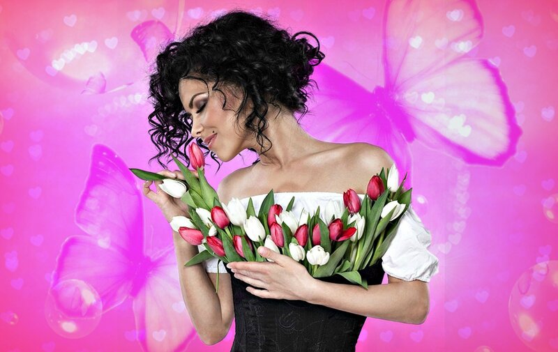 Woman Holding Tulips — Pink, Romantic