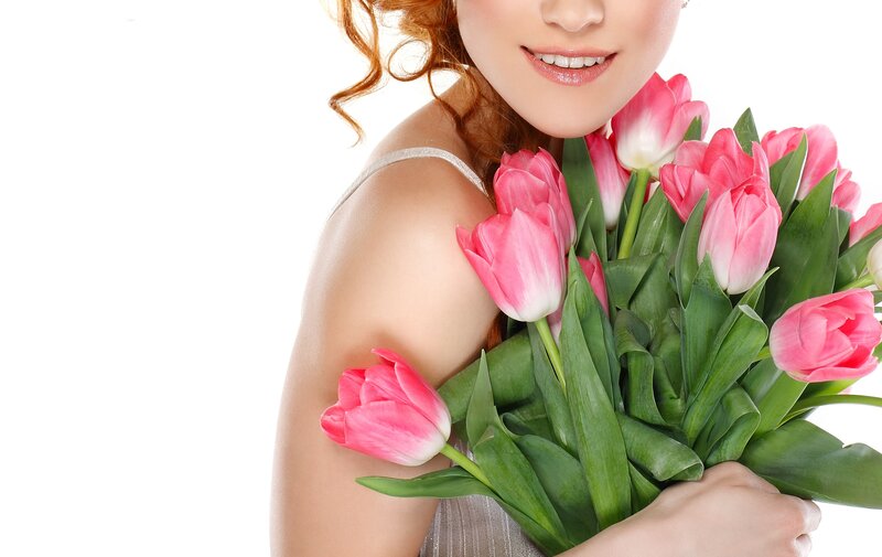 Woman Holding Tulips — Pink, Serene