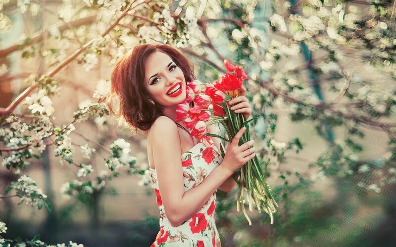 Woman Holding Tulips — Red, Joyful