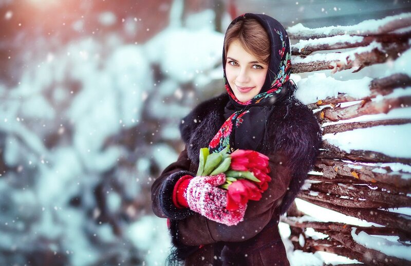 Woman Holding Tulips — Red, Peaceful