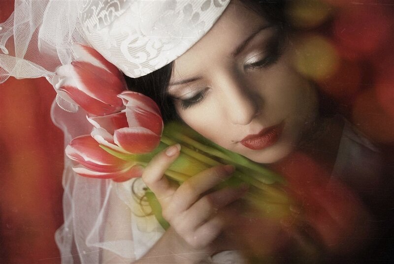 Woman Holding Tulips — Red, Serene
