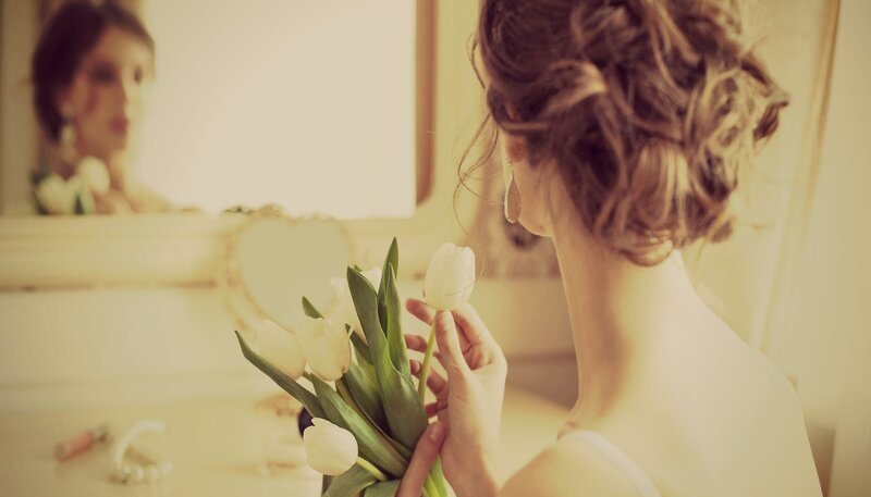 Woman Holding Tulips — White, Calm
