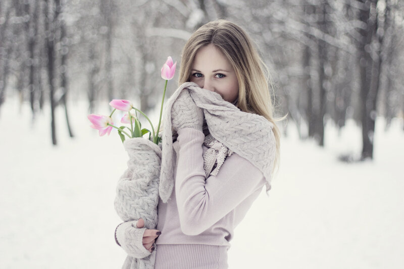 Woman Holding Tulips — White, Serene, Winter