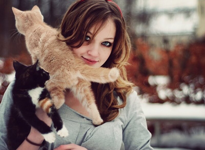 Woman Holding Two Cats — Gray