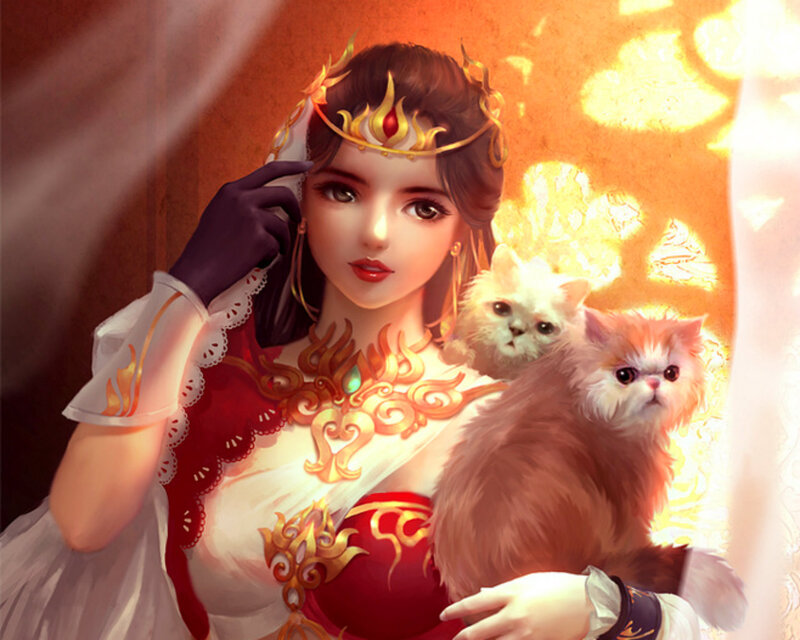 Woman Holding Two Cats — Red