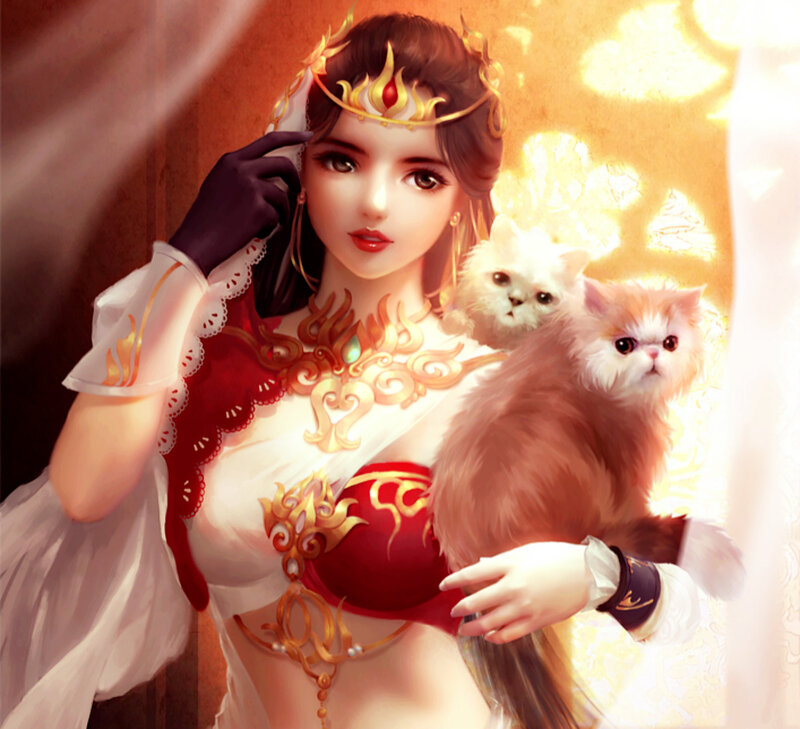Woman Holding Two Cats — White