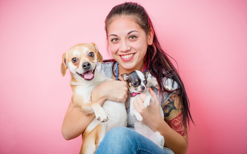 Woman Holding Two Dogs — Pink