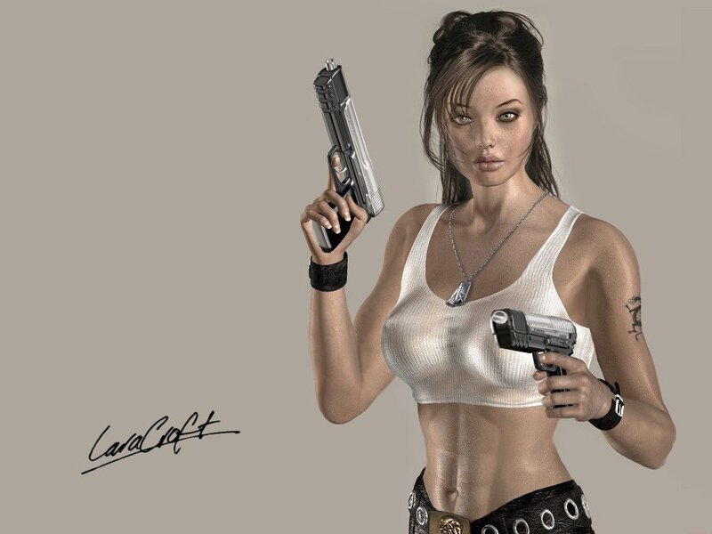 woman holding two guns