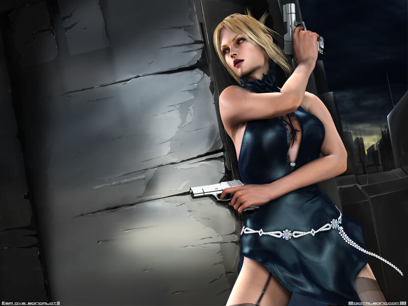 woman holding two guns