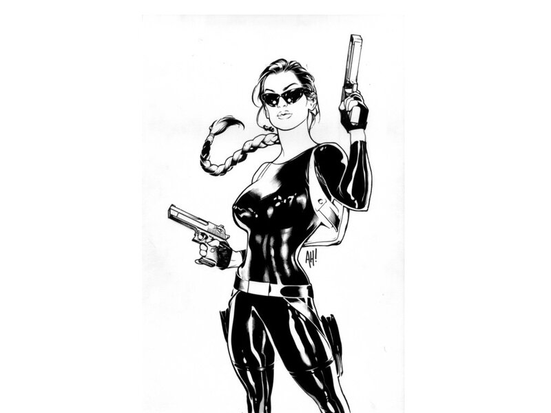 Woman Holding Two Guns — Black, Confident