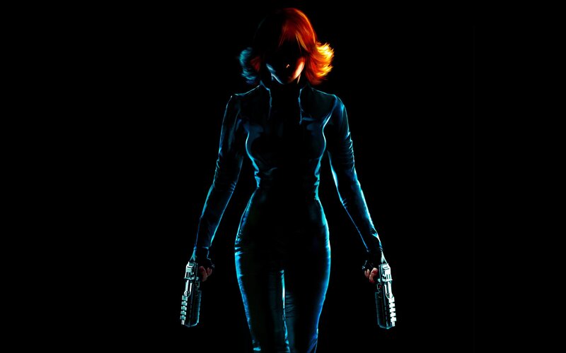 Woman Holding Two Guns — Black, Dramatic, Night, Digital Art, Silhouette, Red Hair, Blue