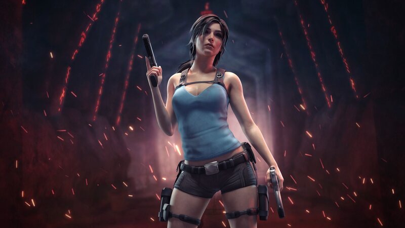 Woman Holding Two Guns — Blue, Dramatic, 3d Render