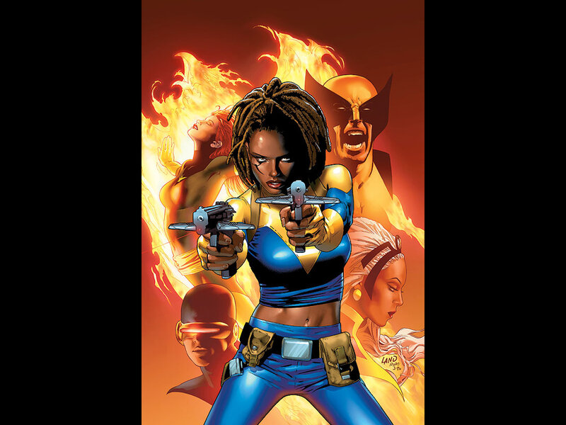 Woman Holding Two Guns — Blue, Dramatic