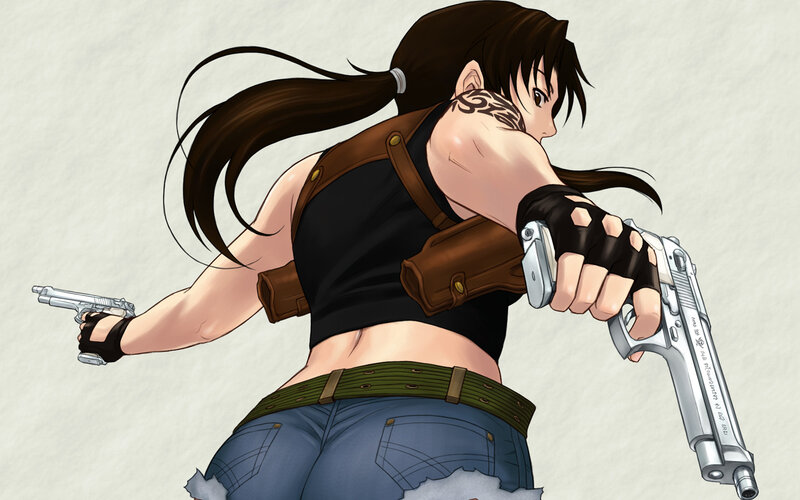 Woman Holding Two Guns — Brown, Action