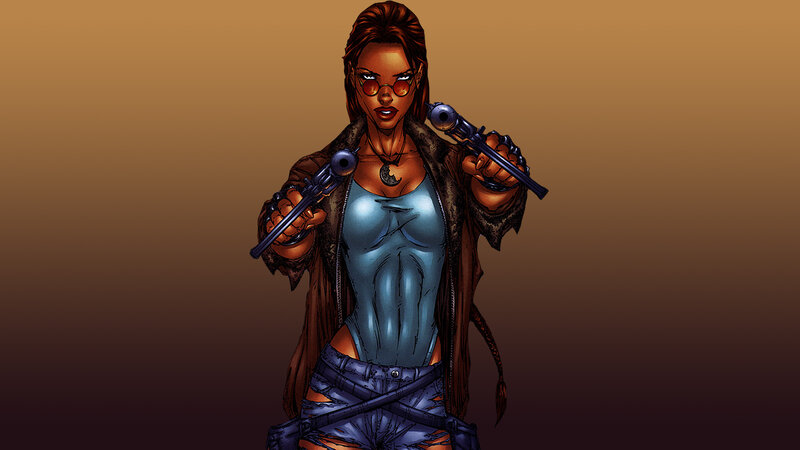 Woman Holding Two Guns — Brown, Confident, Comic