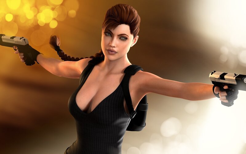 Woman Holding Two Guns — Brown, Dramatic, 3d Render, Braided Hair, Black Top, Black