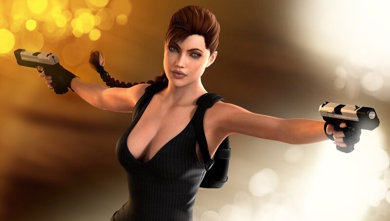 Woman Holding Two Guns — Brown, Dramatic, 3d Render, Braided Hair